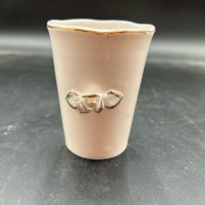 Ivory Ceramic bathroom cup or Bud Vase with Gold Trim